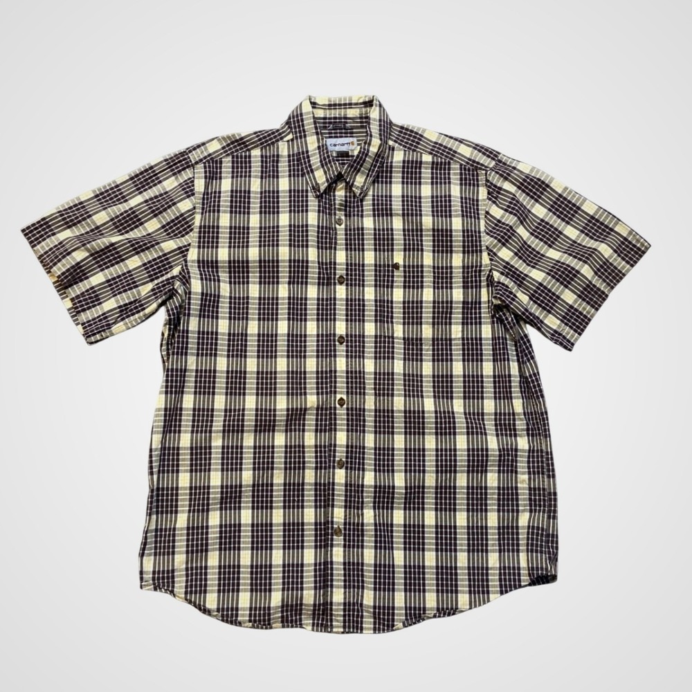 Carhartt Plaid Shirt Mens XL Brown Yellow Relaxed Fit Short Sleeve Exc